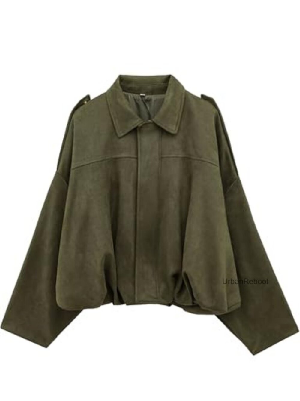 Faux Suede Bomber Jacket Batwing Sleeves Pleated Zip Casual Coat